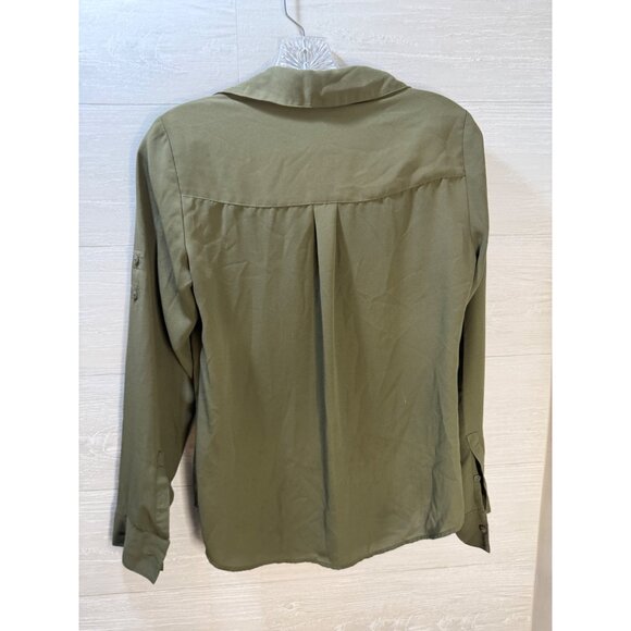 Express Olive Green Button-Up Blouse With Front Pockets & Roll-Tab Sleeves Women - Picture 7 of 10